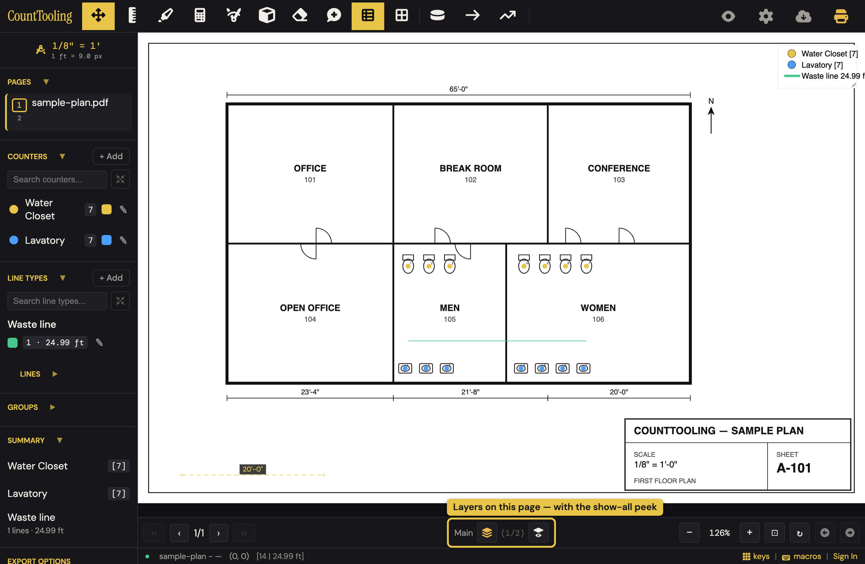 The footer canvas switcher: the active layer's name, the layer count, and the show-all peek eye — everything layer-related lives in one spot.