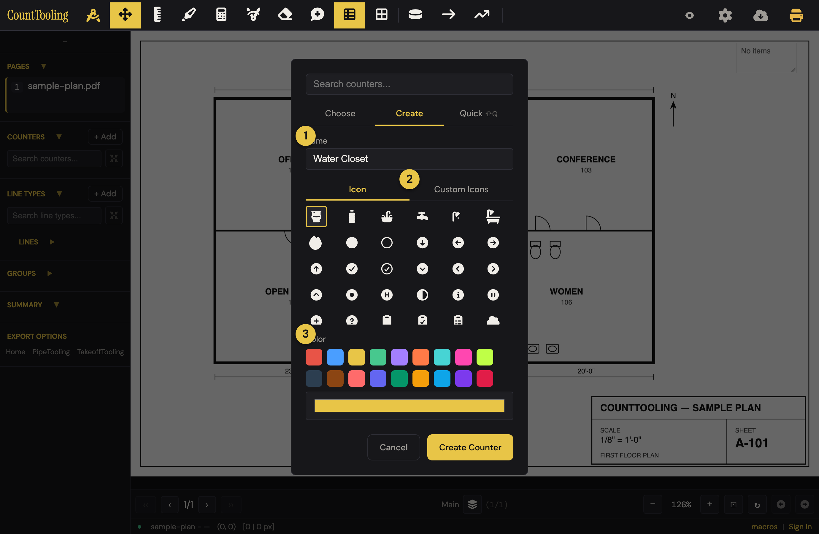 The Create Counter dialog: ① name the counter, ② pick a built-in icon or upload your own, and ③ choose a color.