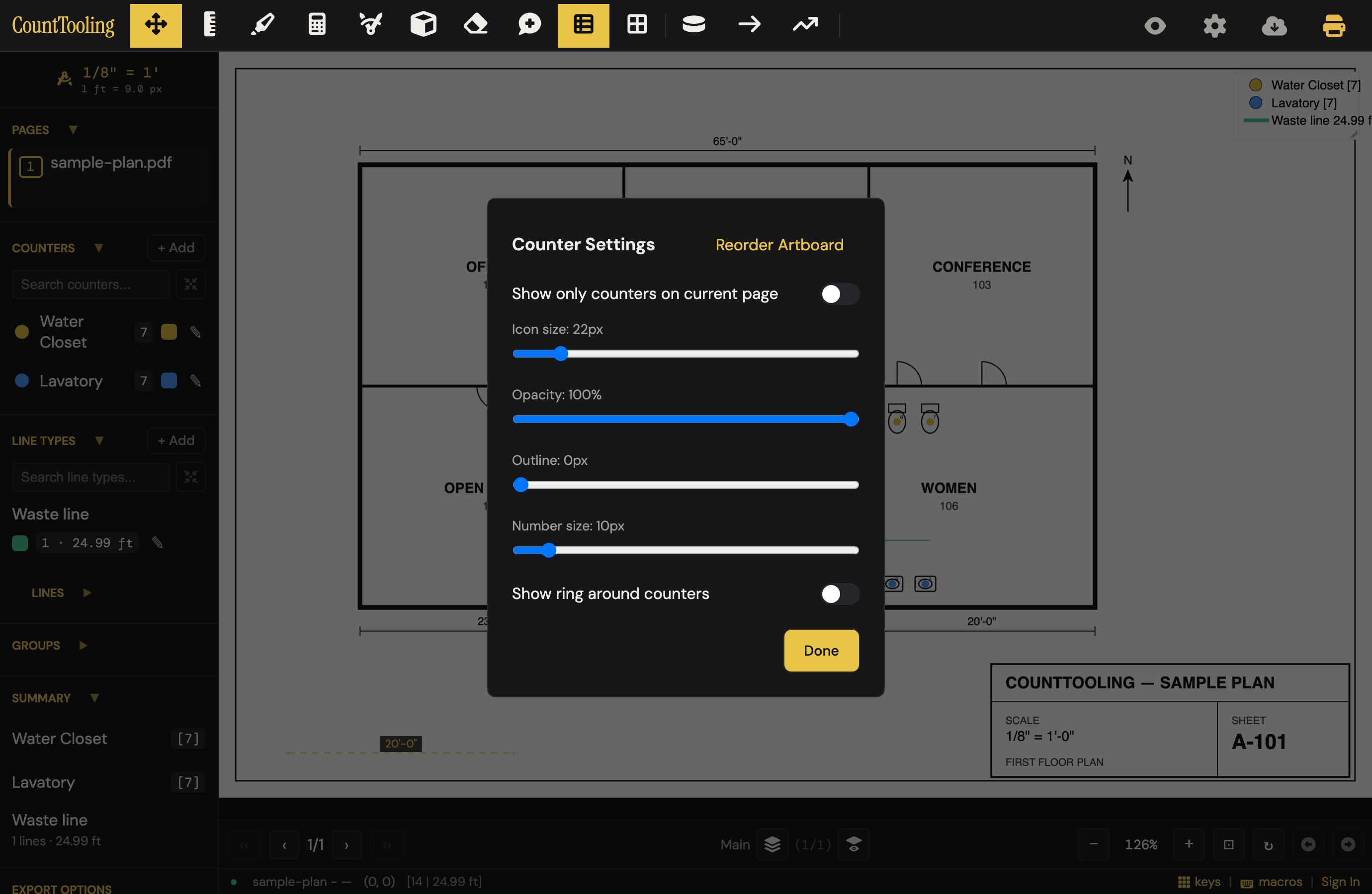 Counter Settings: size, opacity, count numbers, outline, and the ring controls — one dialog tunes every placed mark.