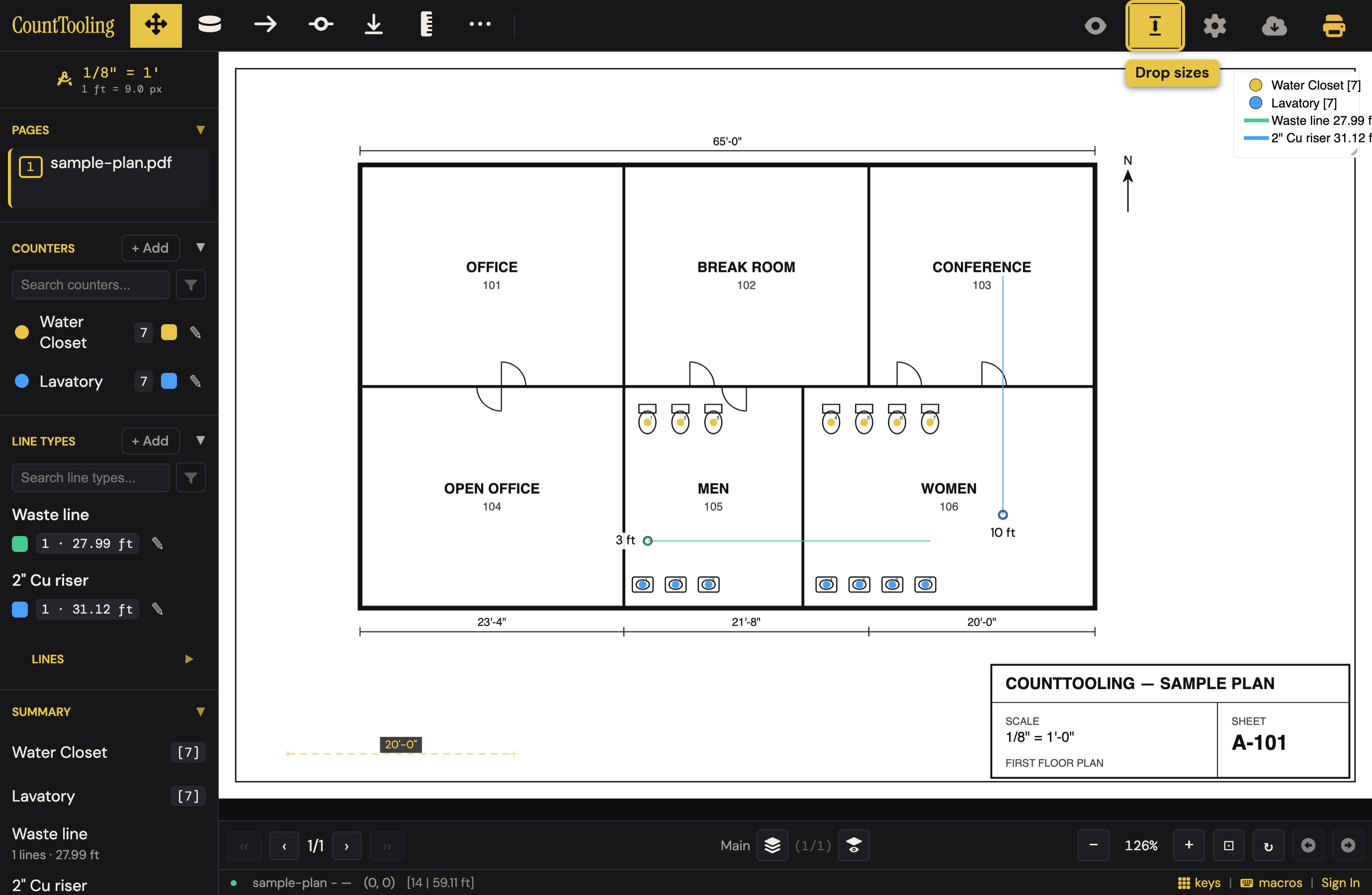The Drop sizes toggle on: every drop marker carries its size on the sheet, and the header button lights up.