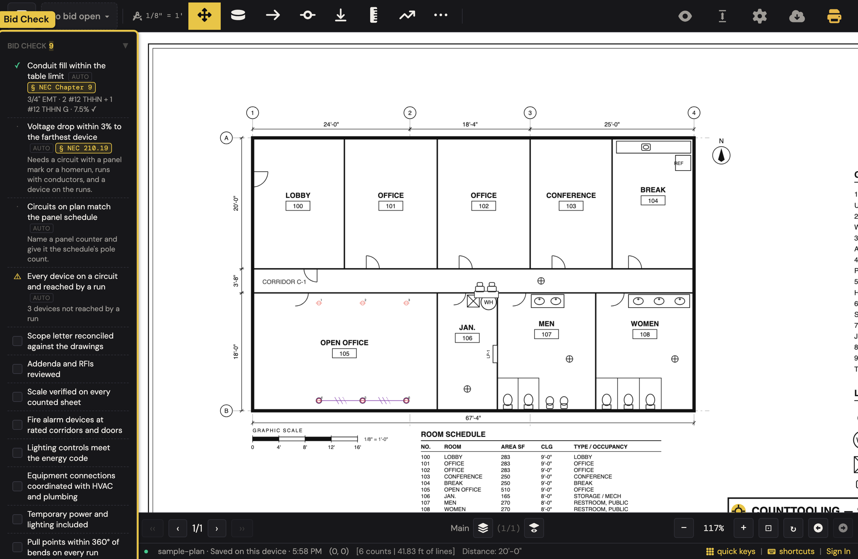 Bid Check open on the tour's takeoff: conduit fill judged at 7.5% with its NEC chip, the rows still waiting for a homerun and a panel, a warning that three counted receptacles are on no run, and the manual ticks below.