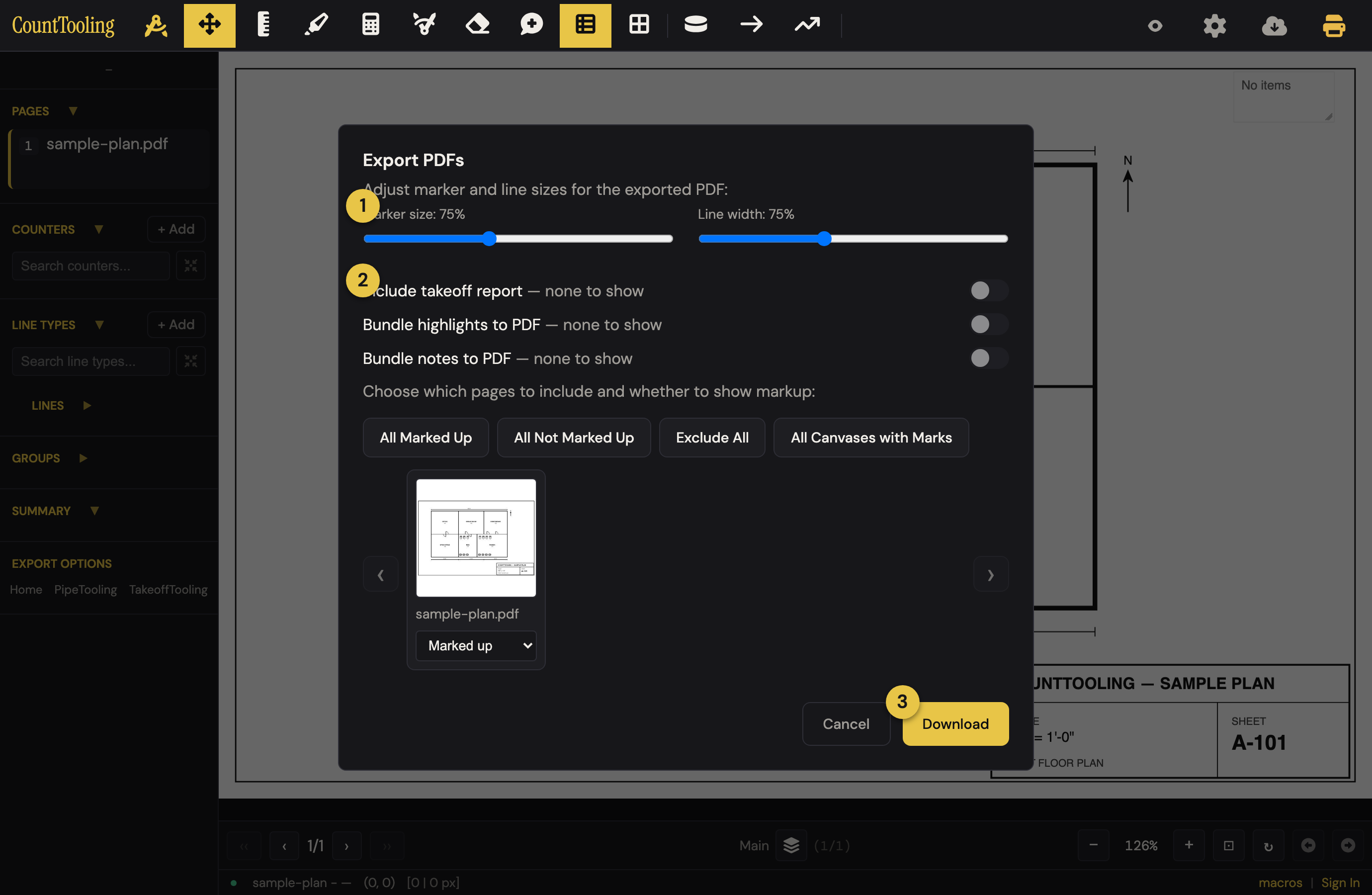 The Export PDFs dialog: ① set marker and line sizes, ② choose whether to include the report and bundle highlights/notes, then ③ download.