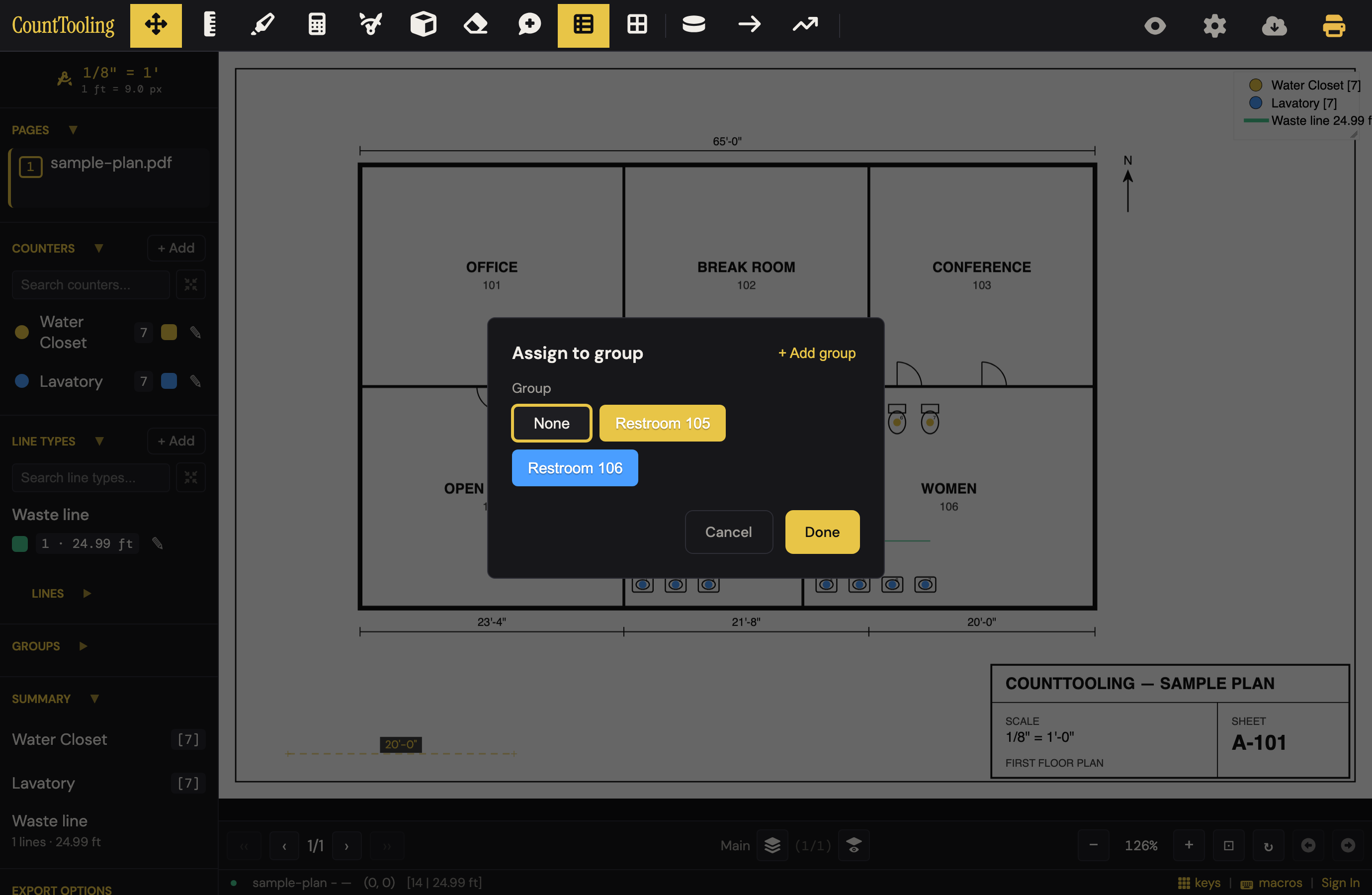 Assigning a mark to a group: pick from the project's groups (or None), each shown in its color.