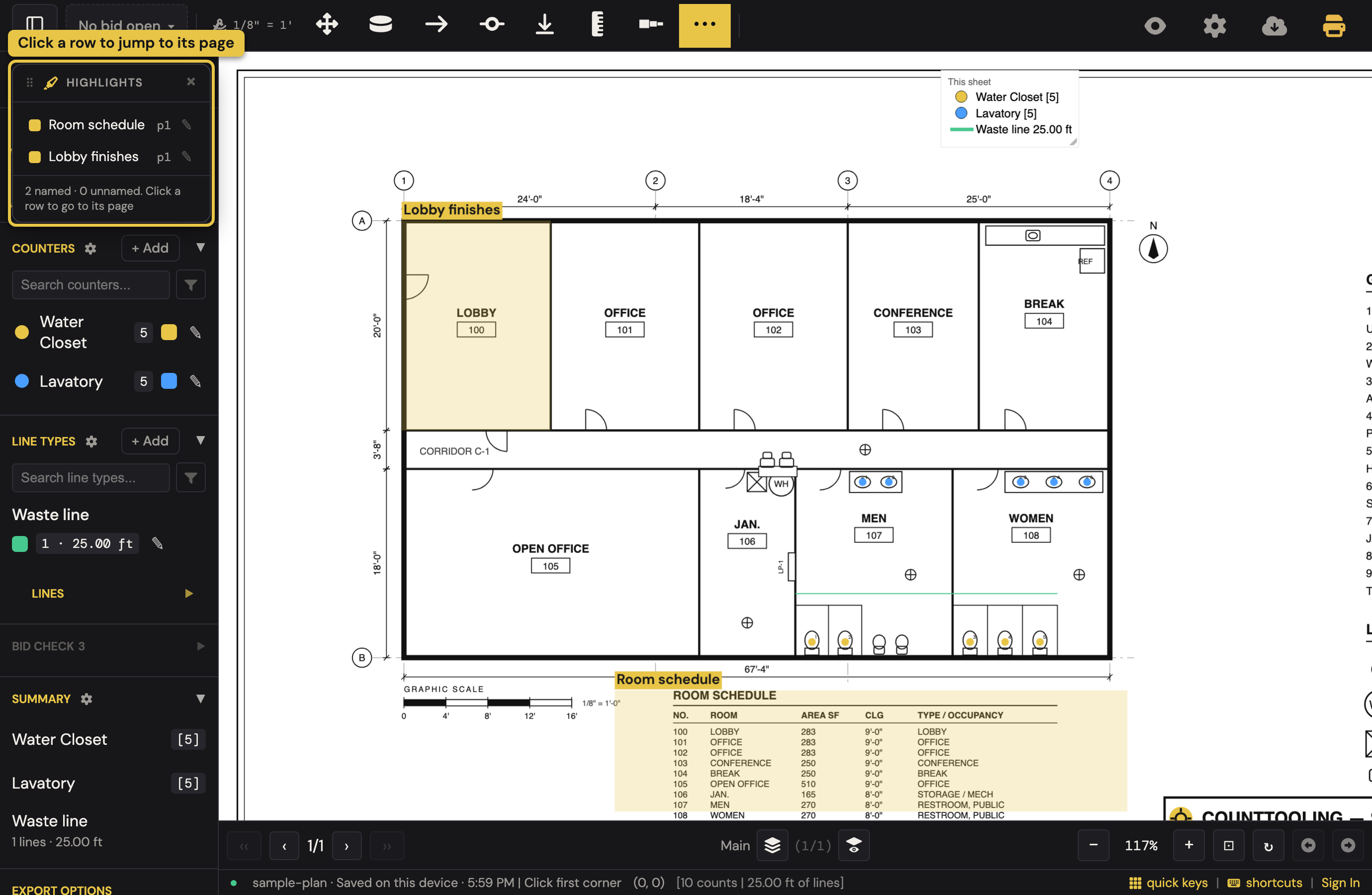 Named highlights on the sheet and the Highlights panel listing them as jump-to rows.