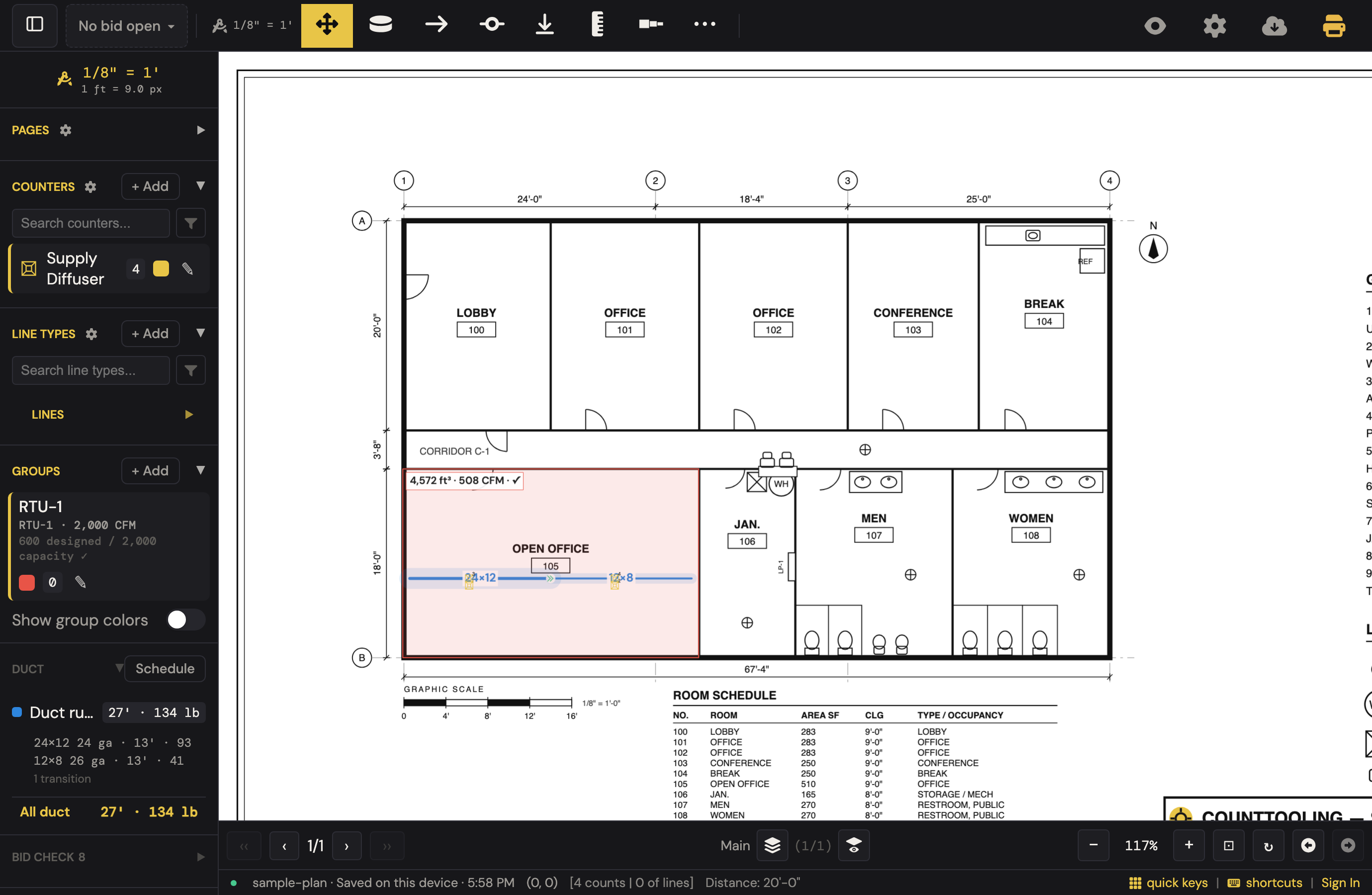 The HVAC tour's finished takeoff: Open Office 105 boxed with its totals tag, a supply main drawn at true width stepping from 24×12 to 16×8 with a size chip on each segment, and the Duct section of the sidebar reading feet and pounds by size.