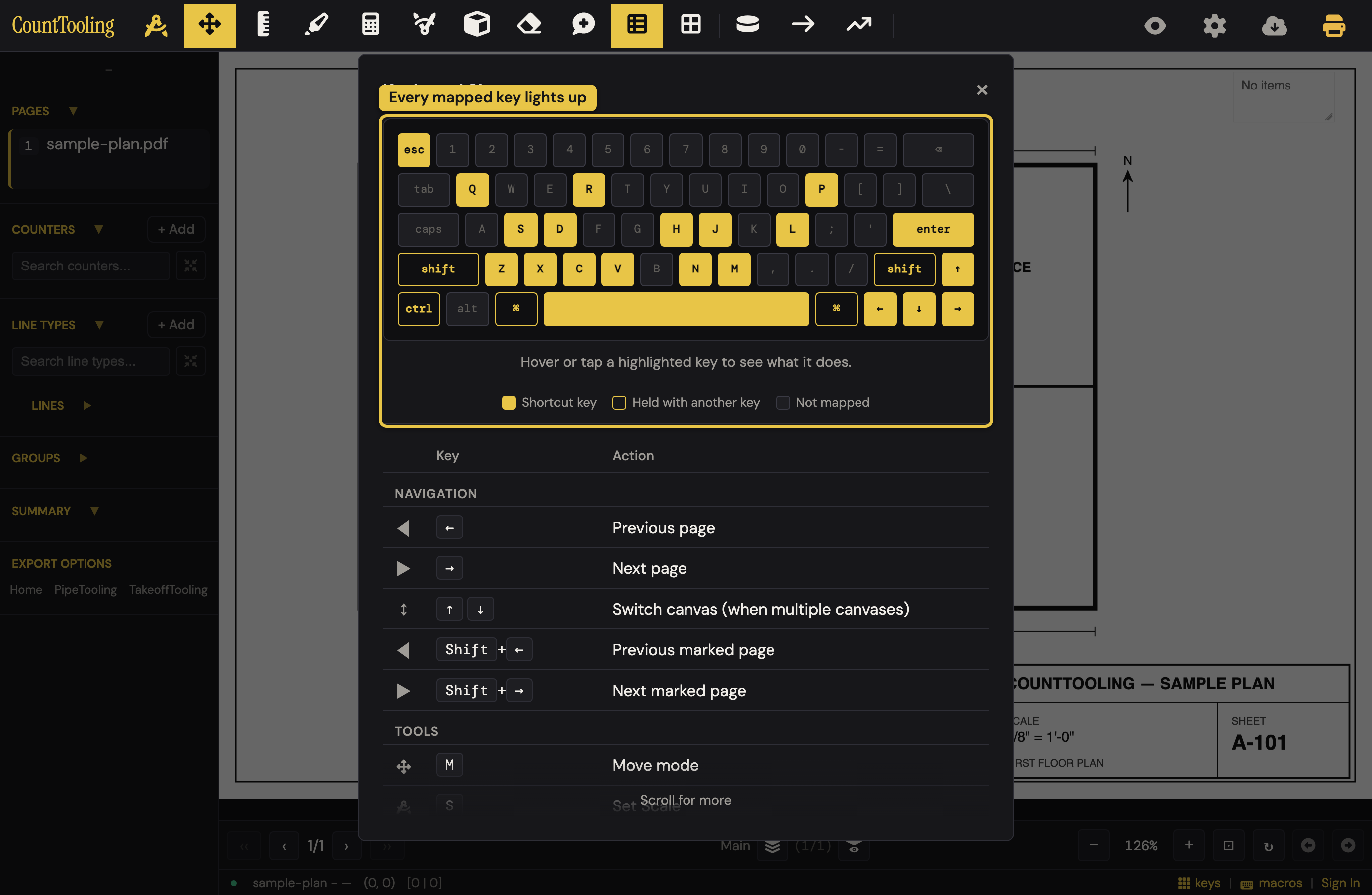 The Macros dialog with the keyboard map on top — every mapped key lights up, and the shortcut list scrolls underneath.