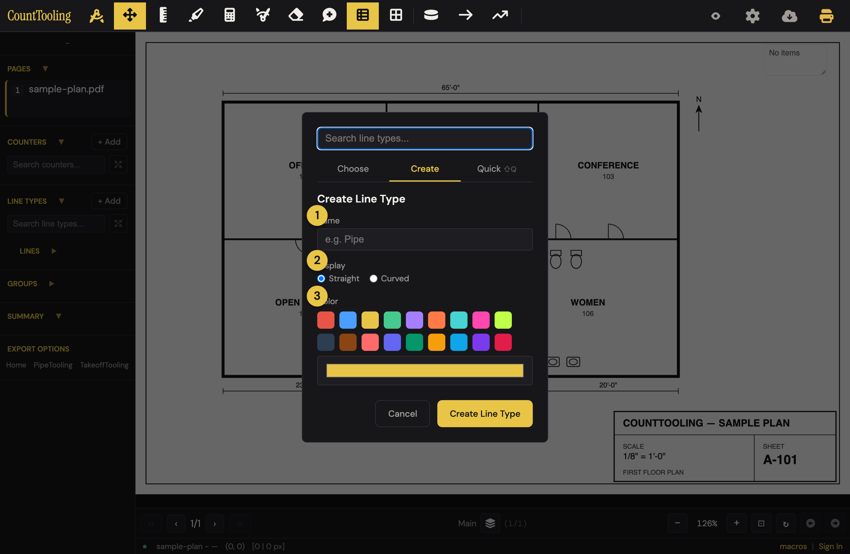 The Create Line Type dialog: ① name it, ② choose straight or curved, ③ pick a color.