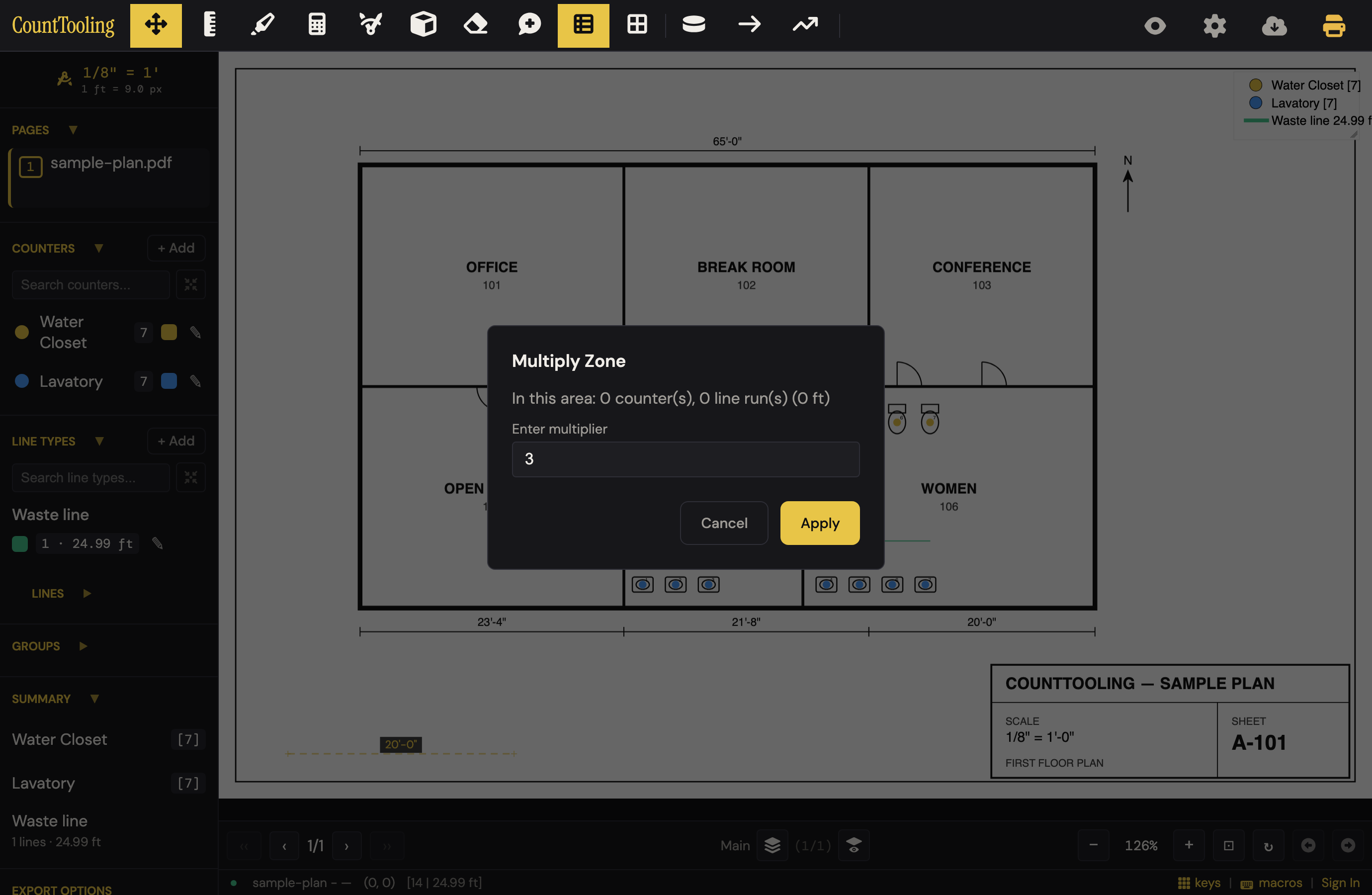 After drawing the zone rectangle, the multiplier dialog asks how many times the area repeats — everything inside counts that many times in the totals.