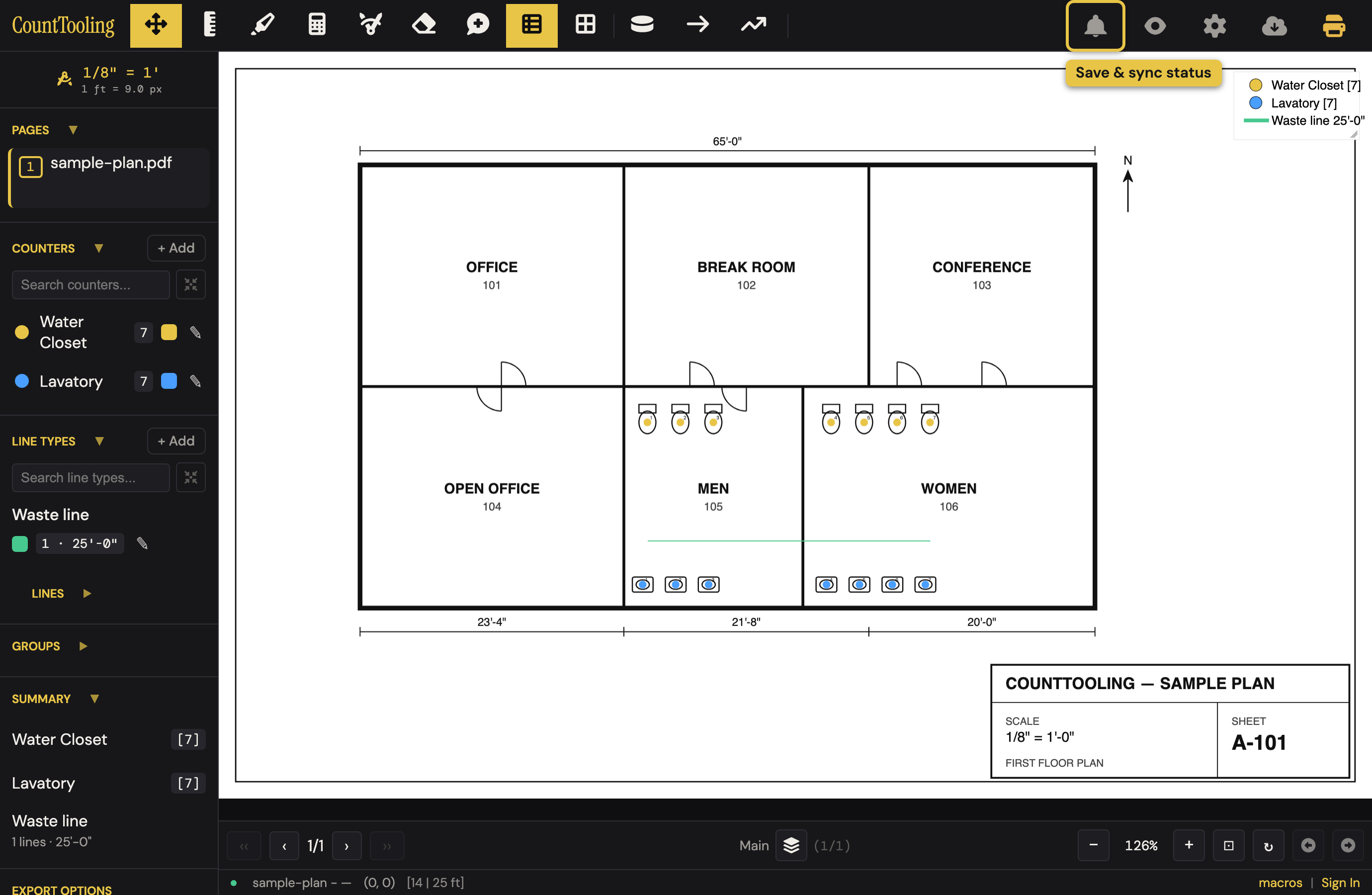 The Save & sync status indicator (highlighted) in the header shows when your work is saved locally and synced to the cloud.