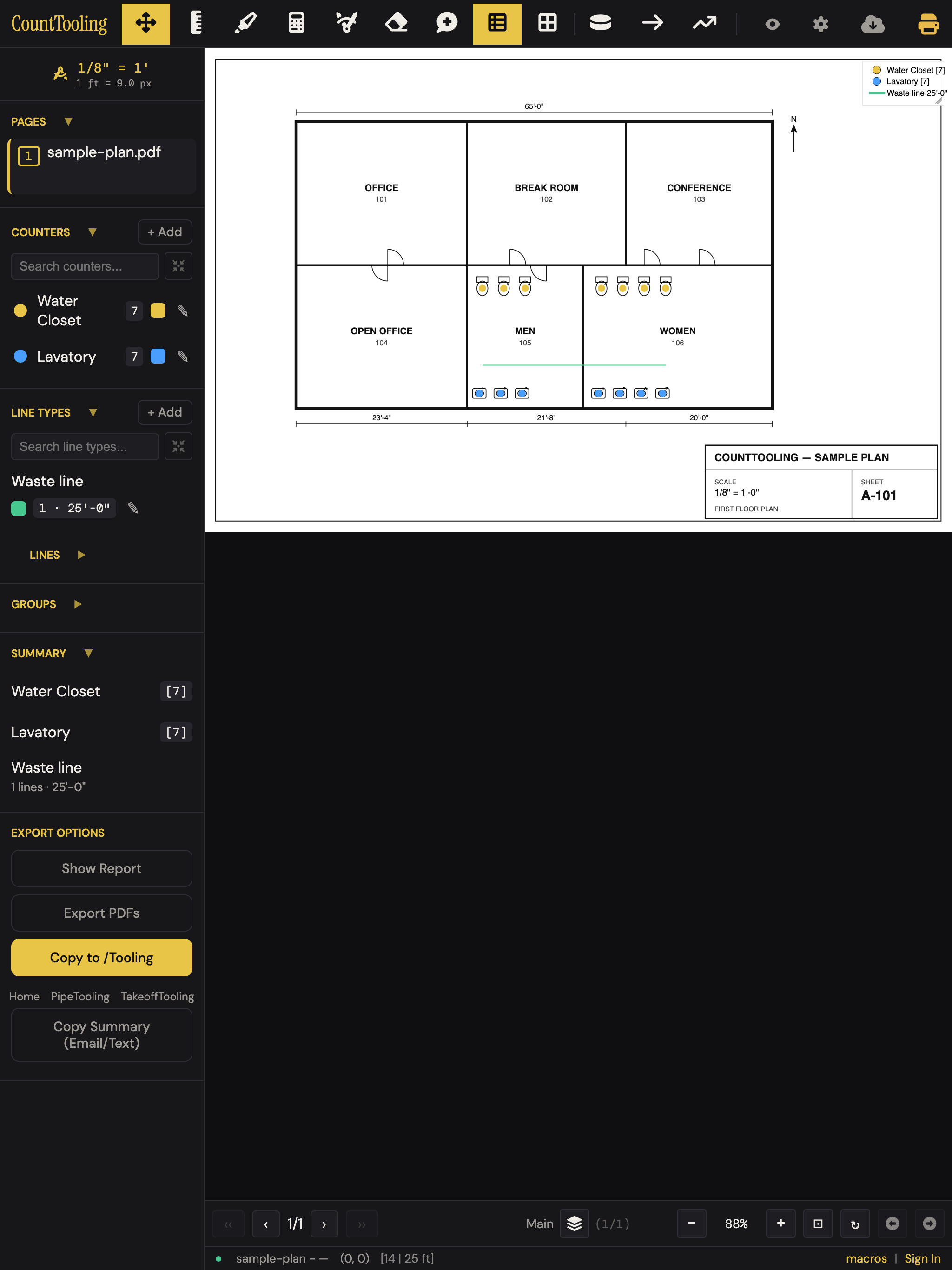 CountTooling on a tablet — the full toolbar, counters, and summary alongside a marked-up plan.
