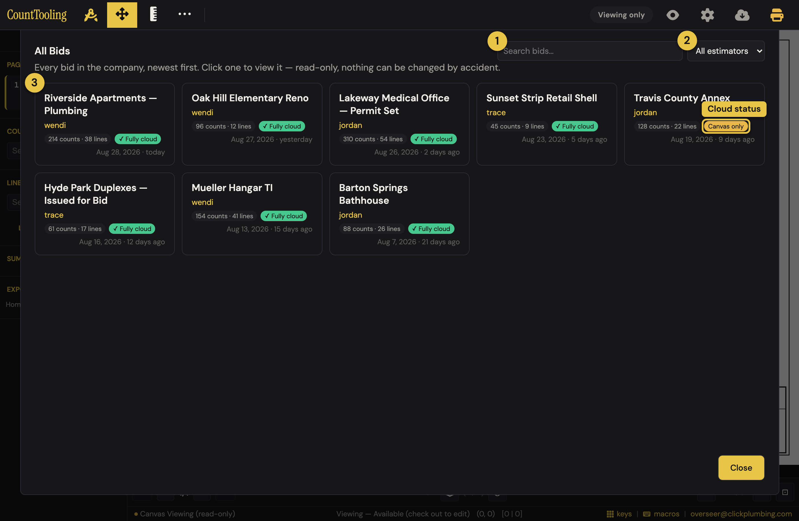 The All Bids board — every bid as a card, with search and an estimator filter