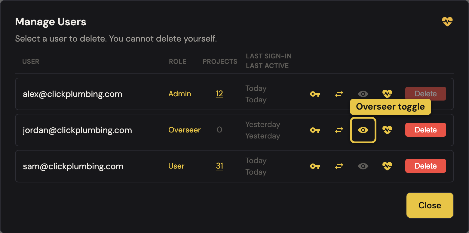 Manage Users — the eye toggle grants or removes the Overseer role