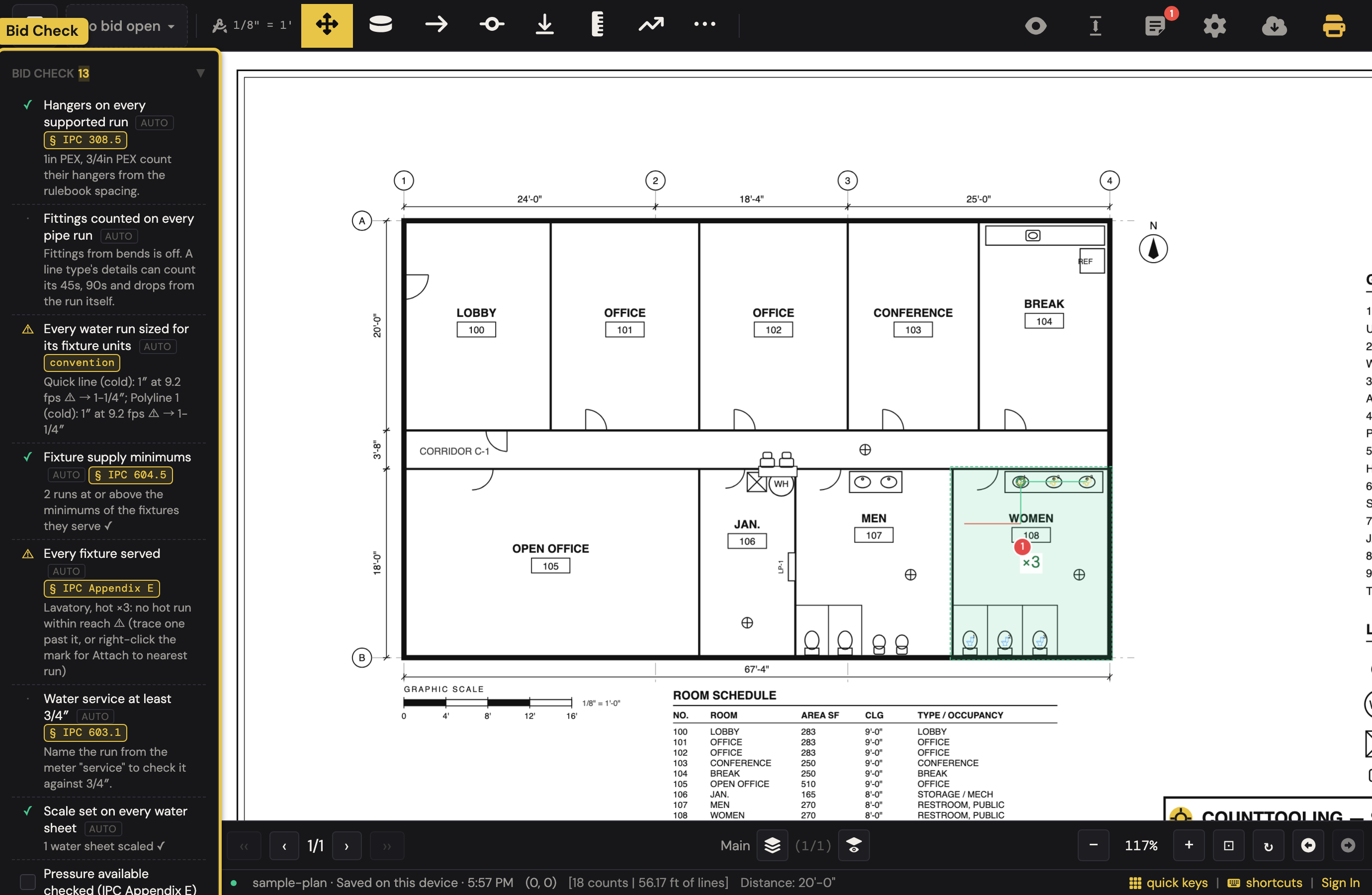 The Bid Check section open on a plumbing takeoff: the hangers row judged automatically with its IPC chip, the fittings row, and the manual rows below.