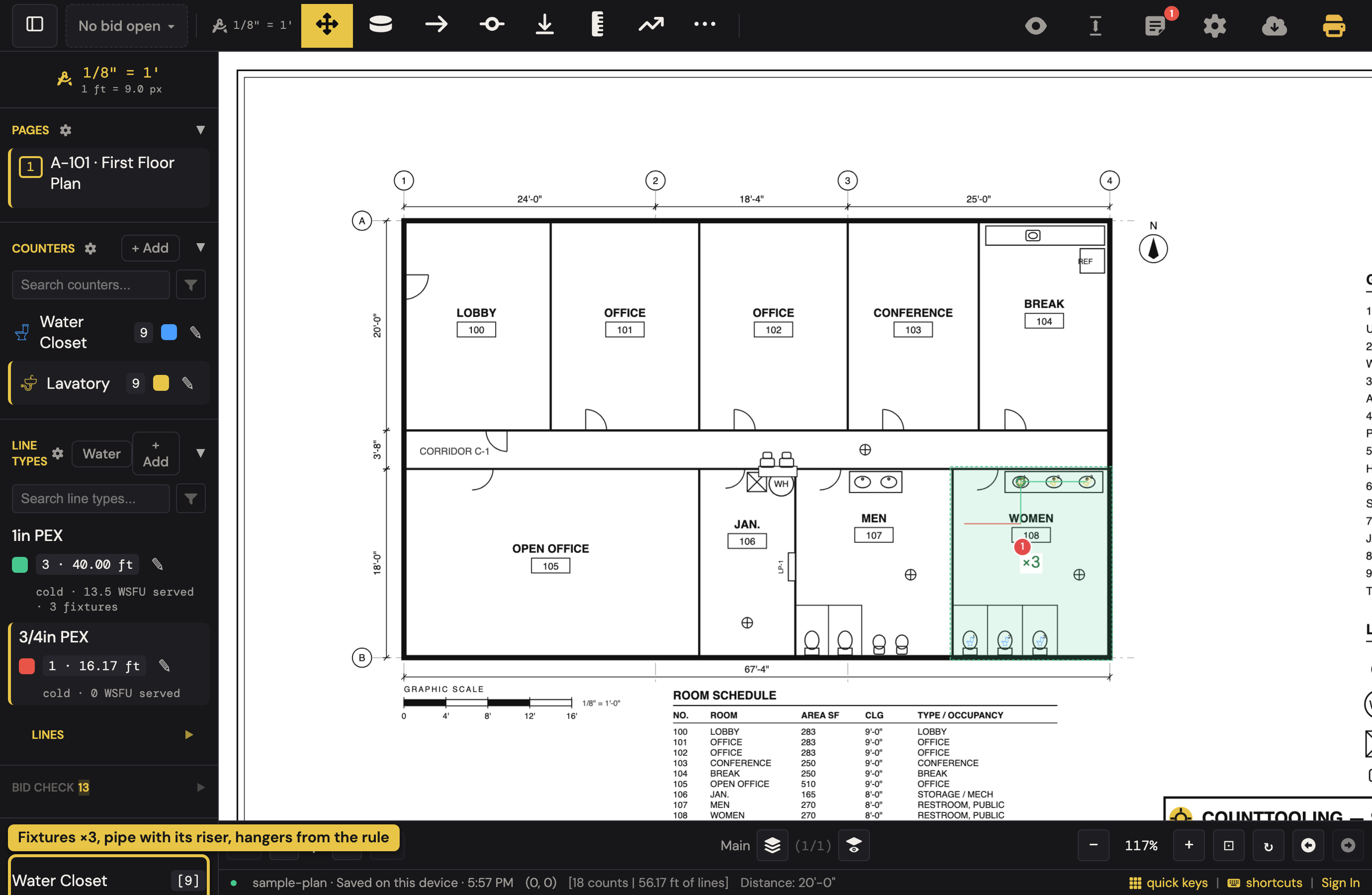 The plumbing tour's finished takeoff: water closets and lavatories counted in Women 108, a chained 1in PEX branch, a ×3 zone around the room, and a Summary that lists the fixtures, the pipe and the hangers counted from it.