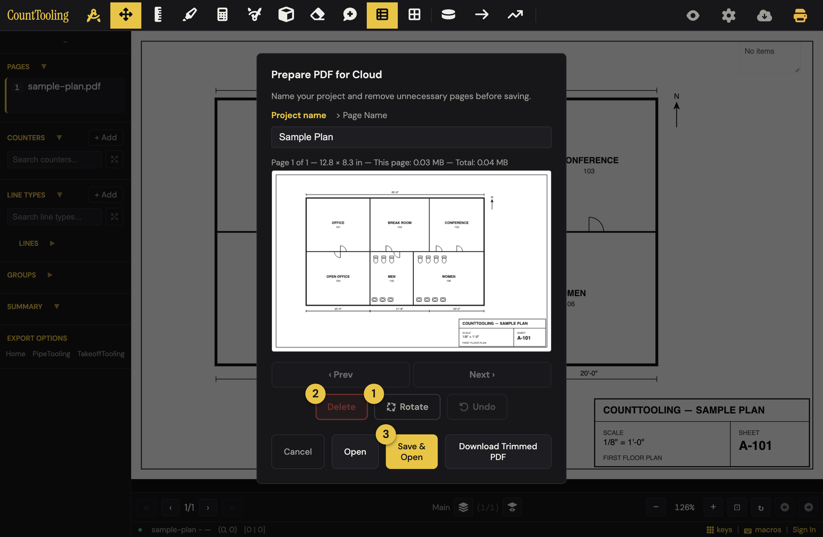The Prepare PDF dialog: ① rotate a sideways page, ② delete the pages you don't need, then ③ Save & Open.