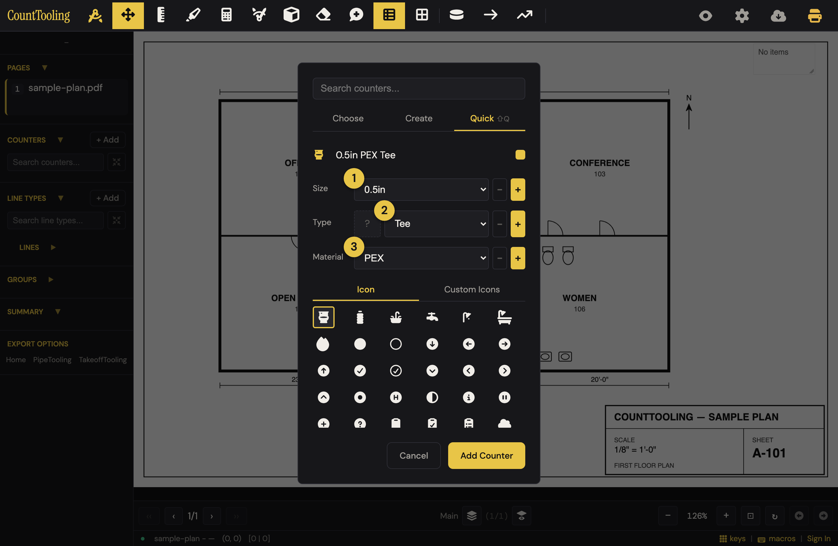The Quick Count tab: pick ① Size, ② Type, and ③ Material — the name assembles itself and the icon follows the type.