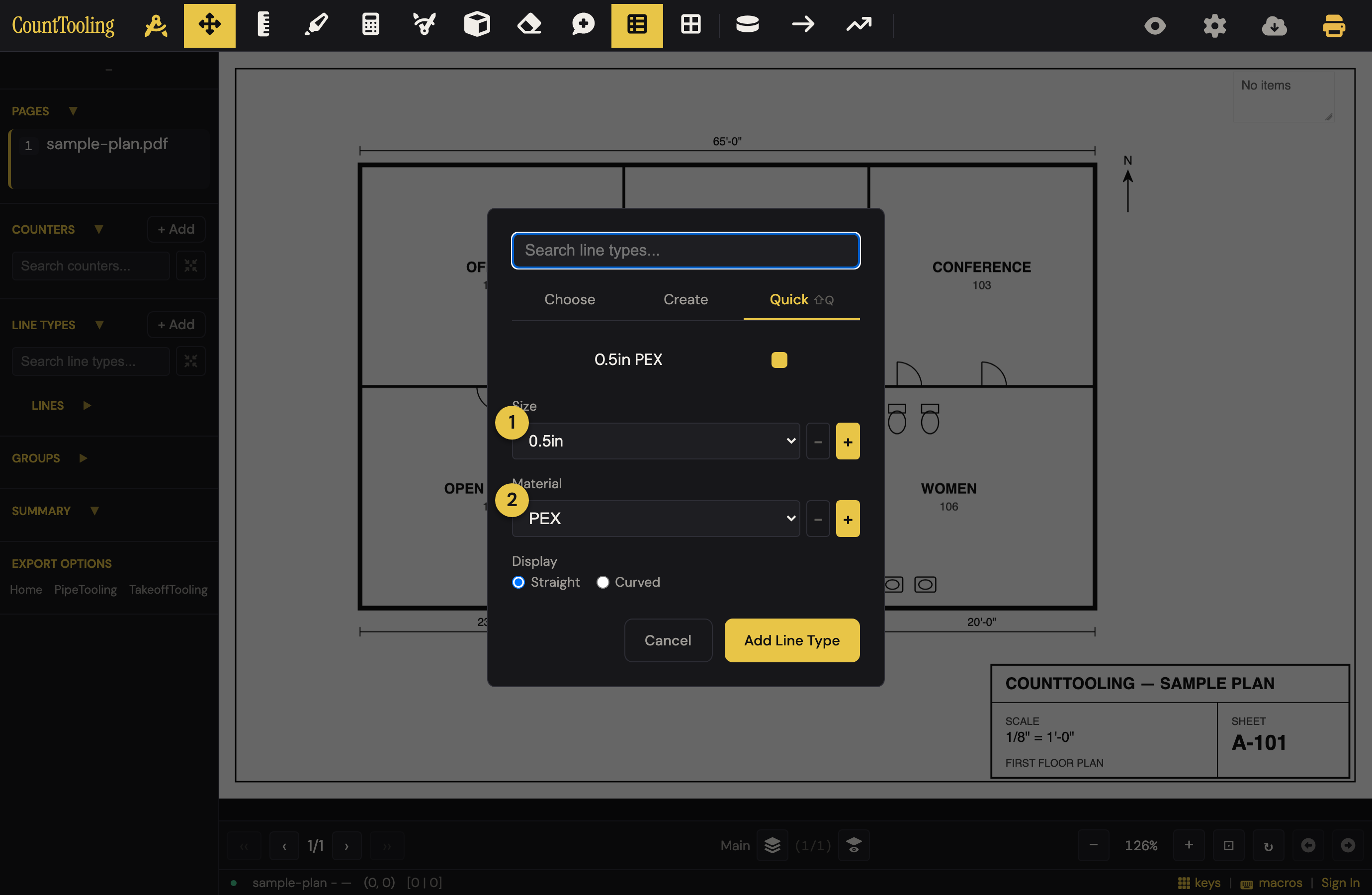 The Quick Line tab: pick ① Size and ② Material, and Add creates the line type ready to trace.