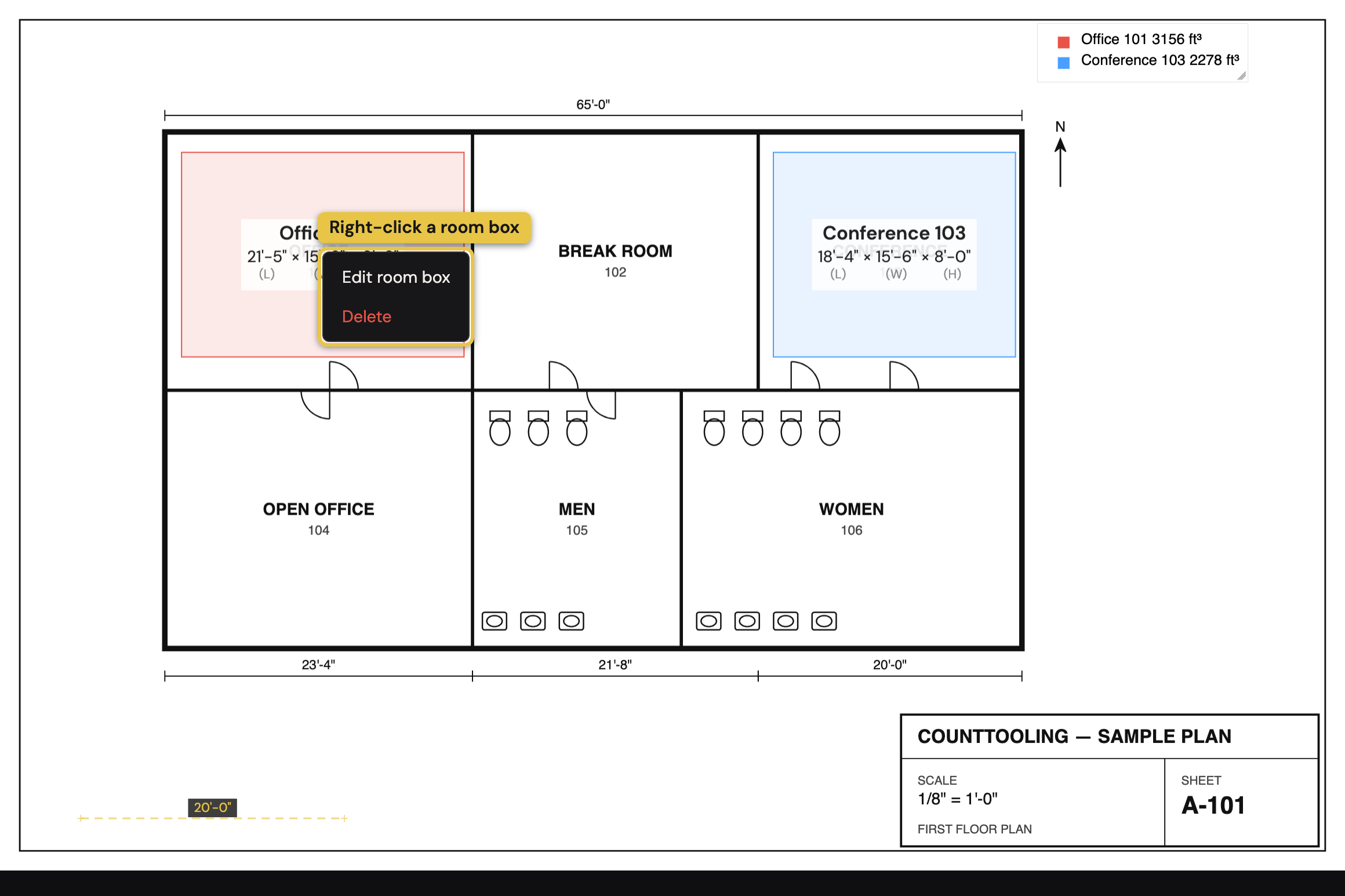 Right-clicking a room box: Edit room box changes its height or room; Delete removes it. The rooms legend keeps the per-room ft³ in view.