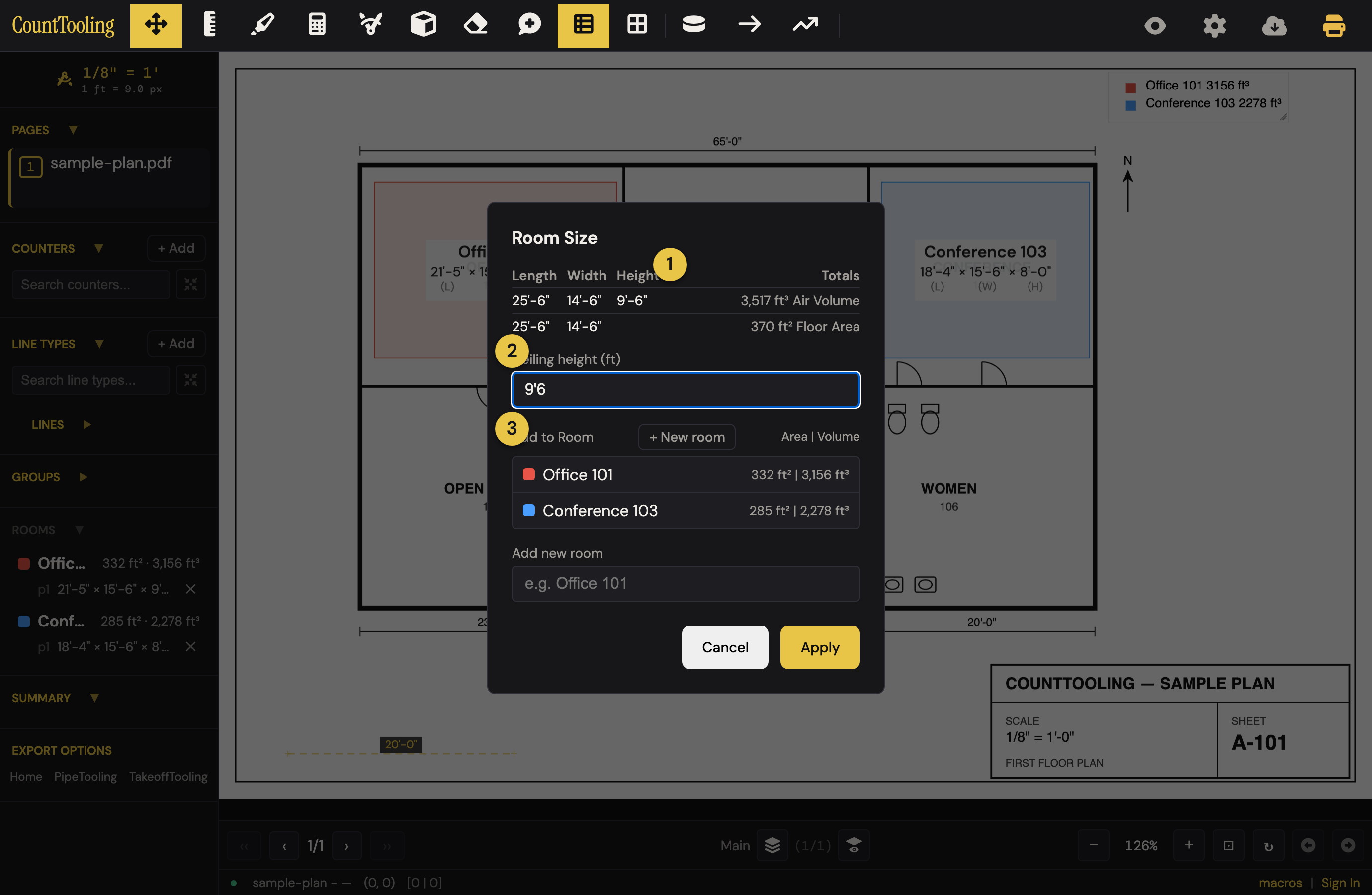 The Room Size dialog: ① the dimensions table with live area and volume totals, ② the ceiling height field with recent-height chips, ③ the Add to Room list.