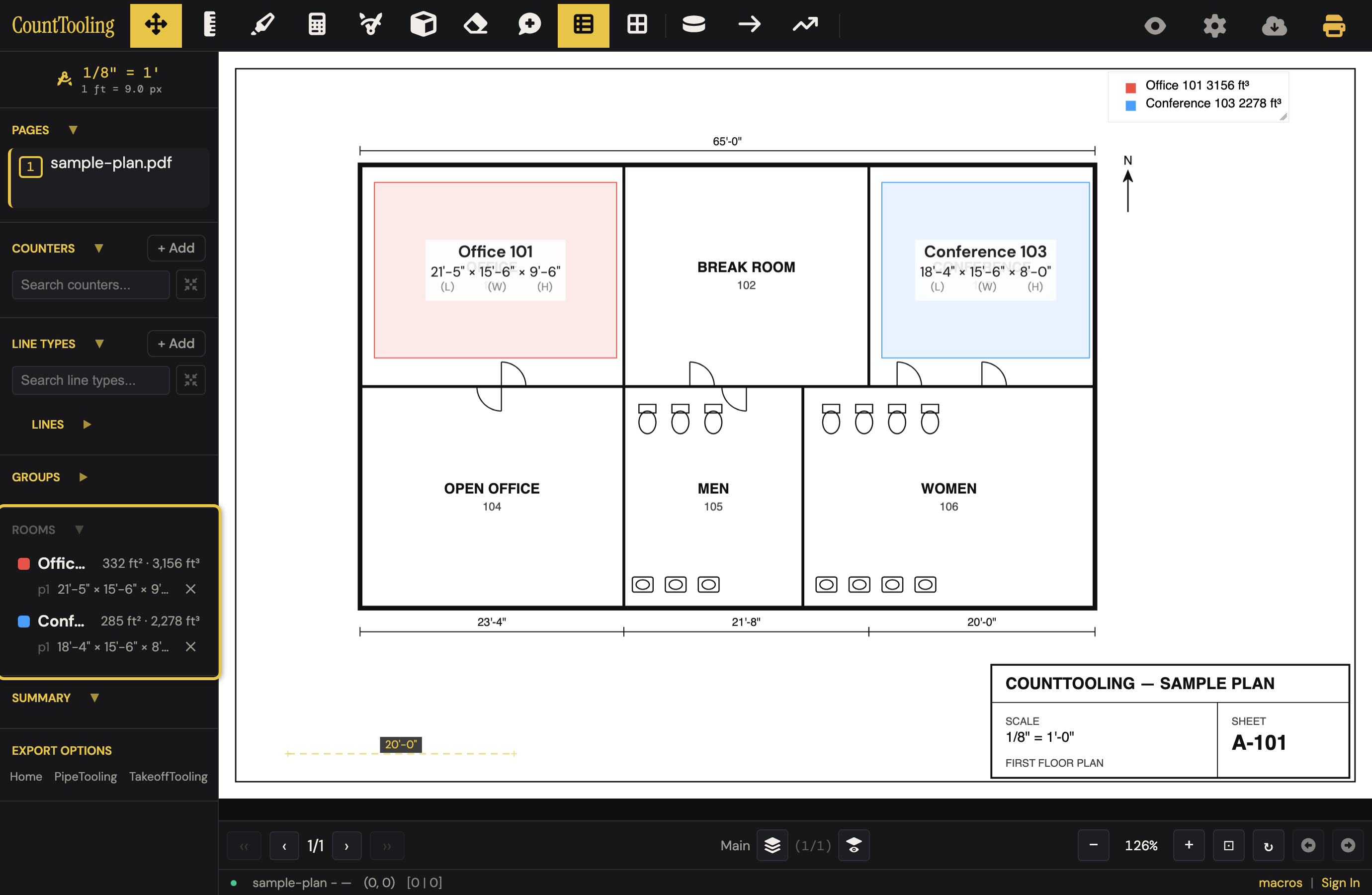 A plan with two room boxes drawn on it, each labeled with its room name and length, width, and height.