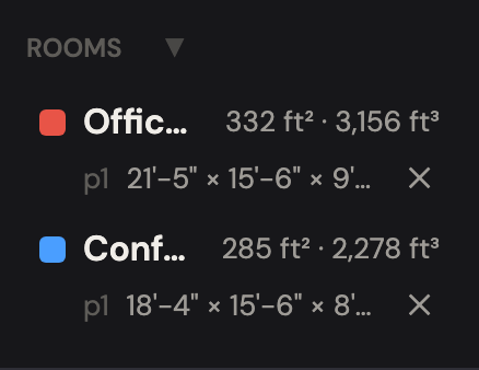 The Rooms sidebar section: each room's floor area and air volume, with its boxes' dimensions listed underneath.