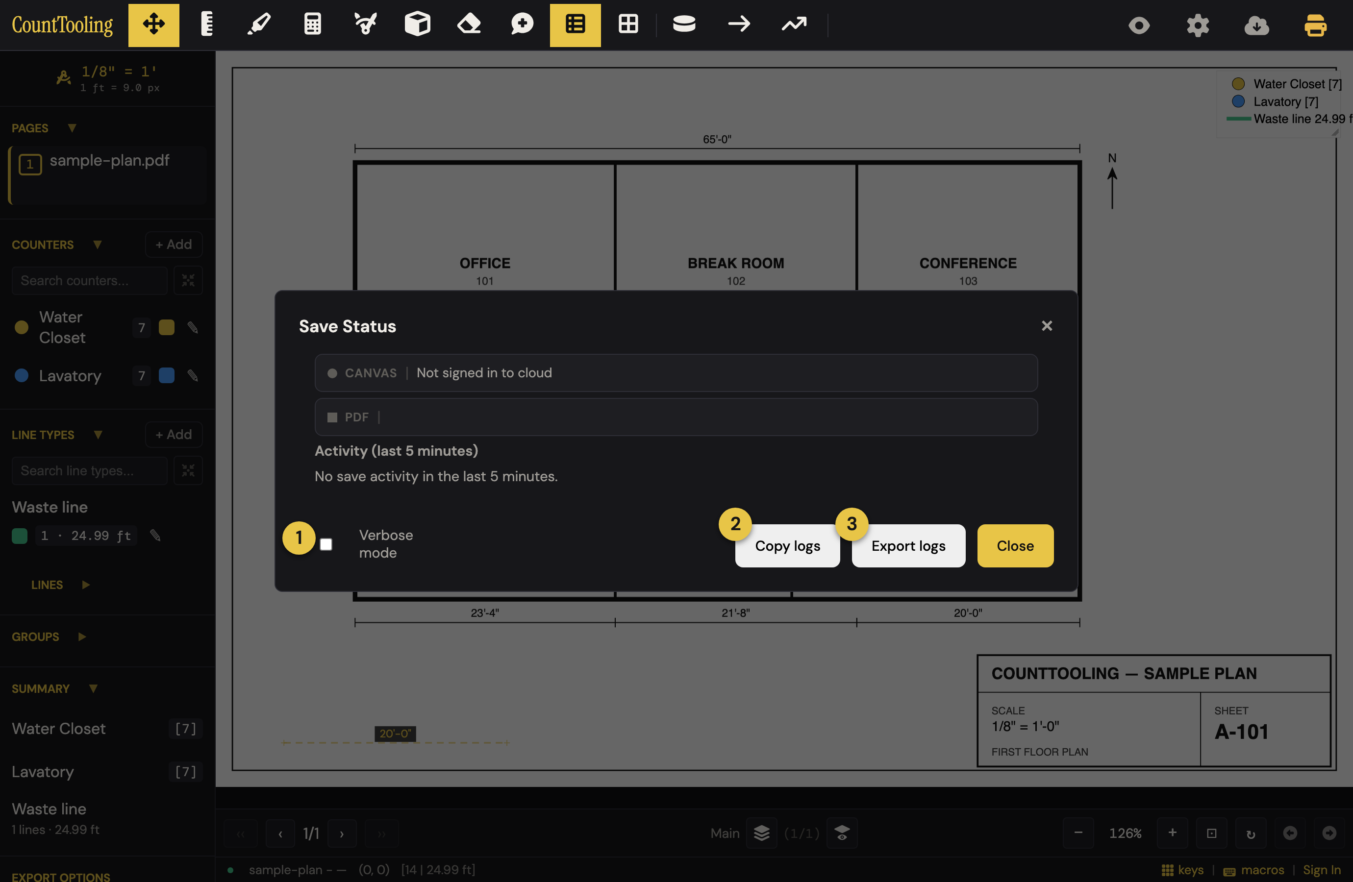 The Save Status panel: canvas and PDF sync state at the top, the recent-activity log, and ① Verbose mode, ② Copy logs, ③ Export logs.