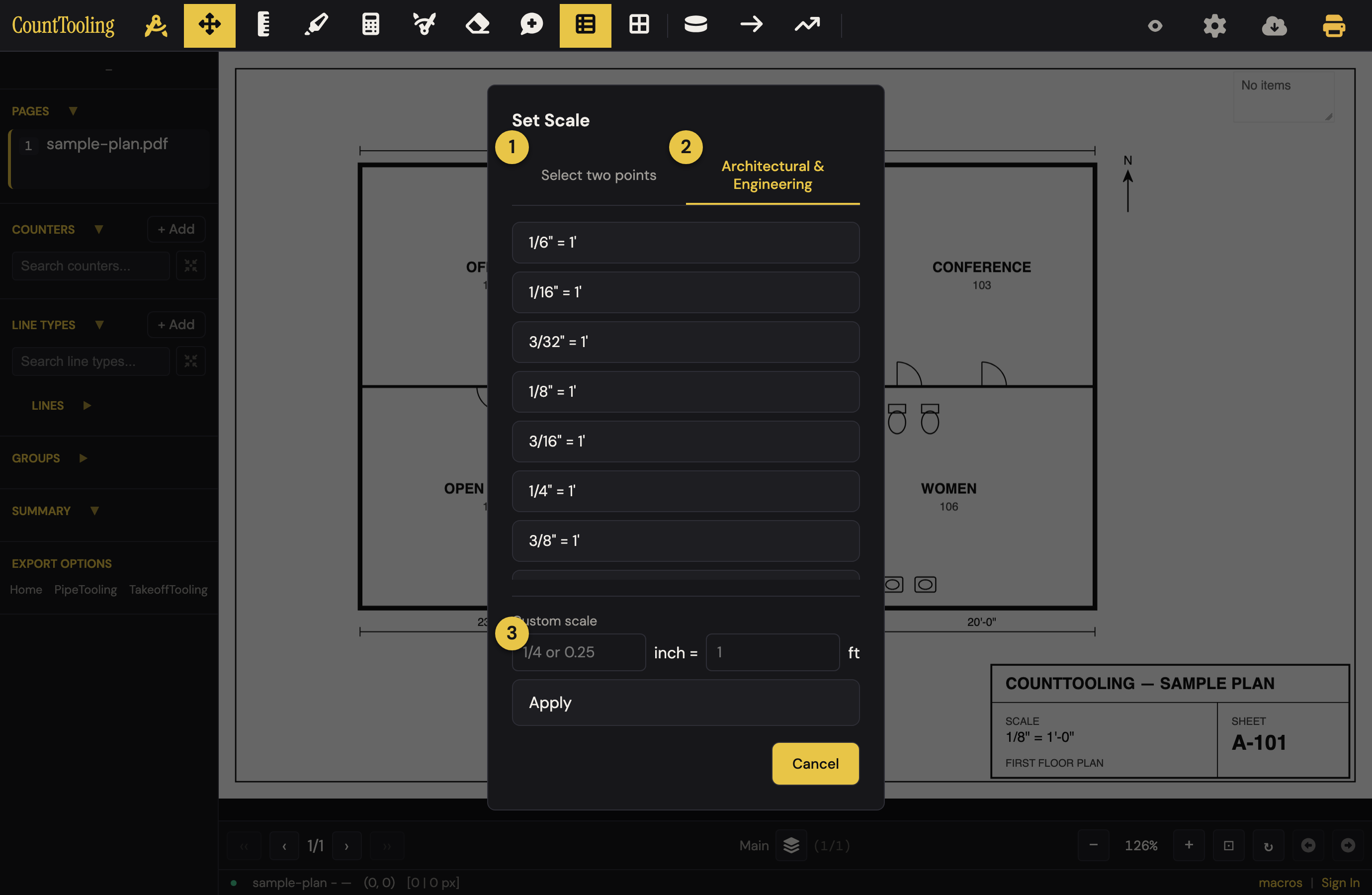 The Set Scale dialog showing the three ways to calibrate: ① pick two known points, ② choose an architectural or engineering preset, or ③ type a custom scale.