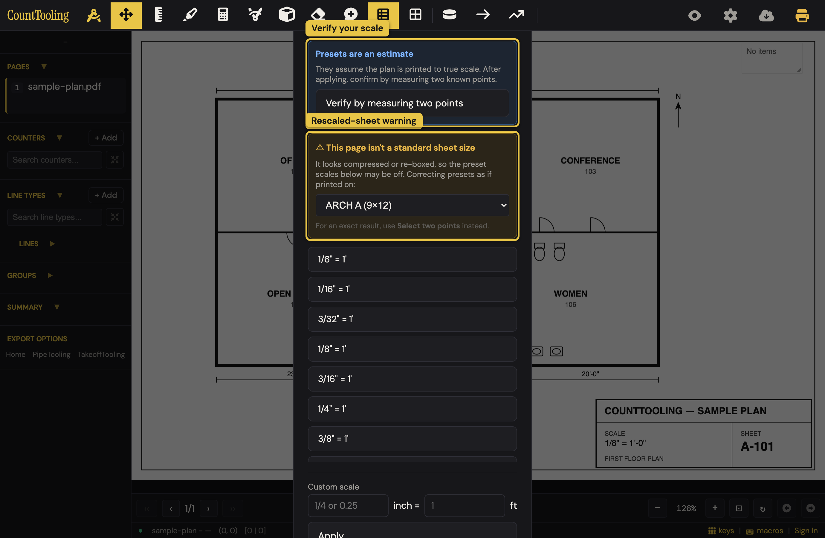The Set Scale presets tab on a rescaled sheet: the yellow non-standard-sheet warning with its sheet picker, under the blue verify-your-scale advisory.