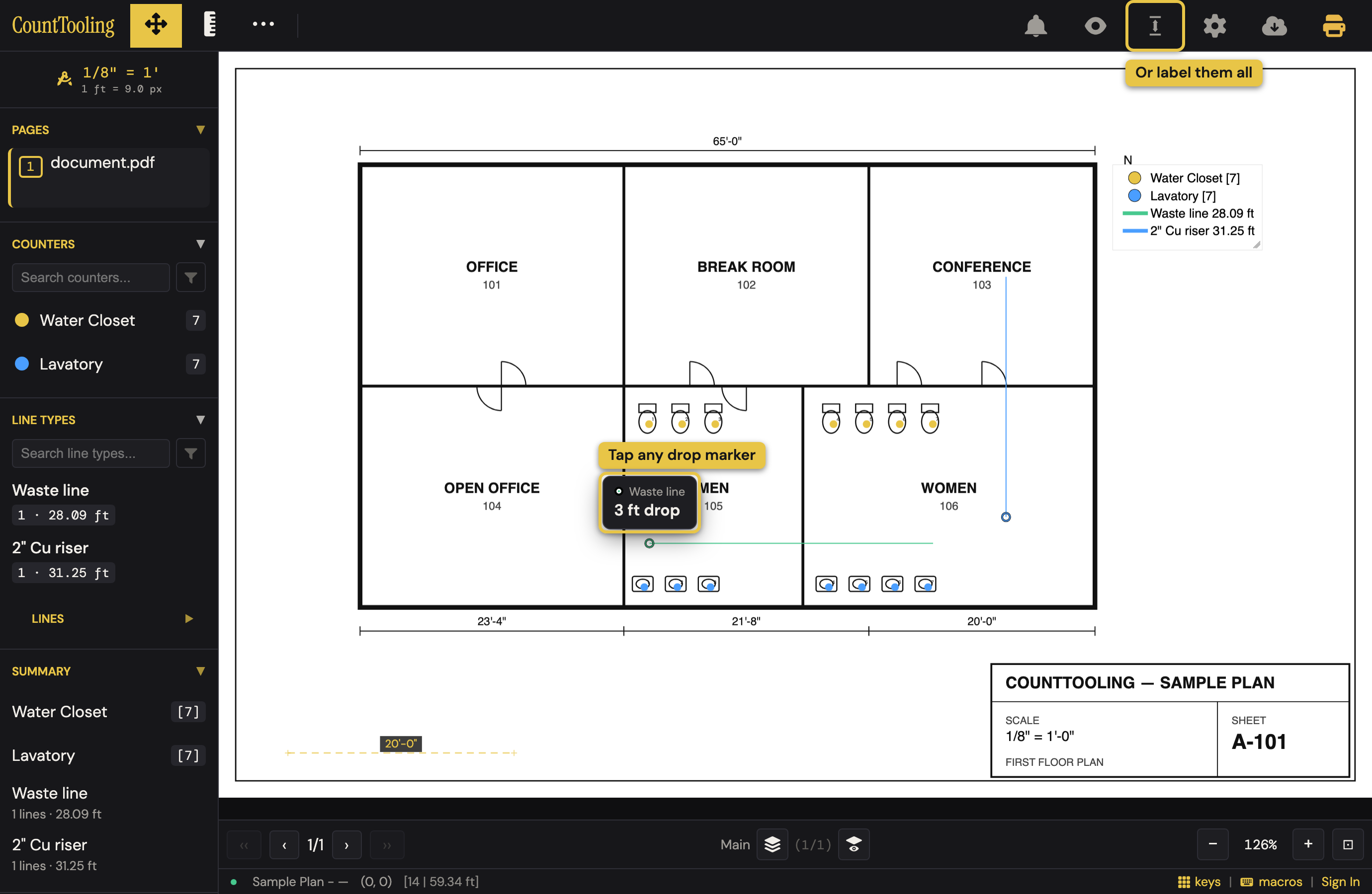 A view-link session reading drops: tapping a marker peeks "3 ft drop", and the header toggle can label them all.