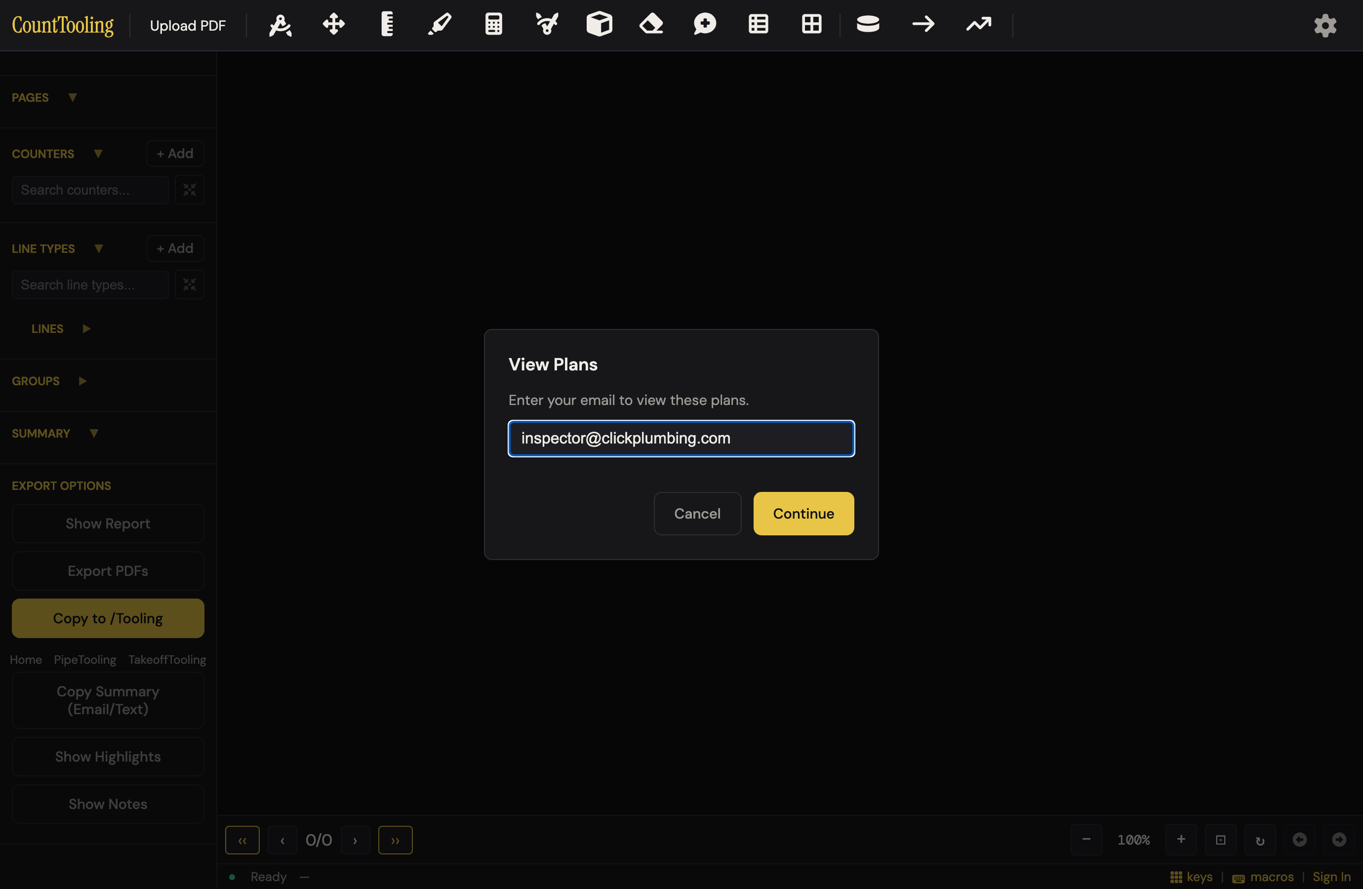 Opening a view link: the recipient enters their work email to view the plans — no account, no install.