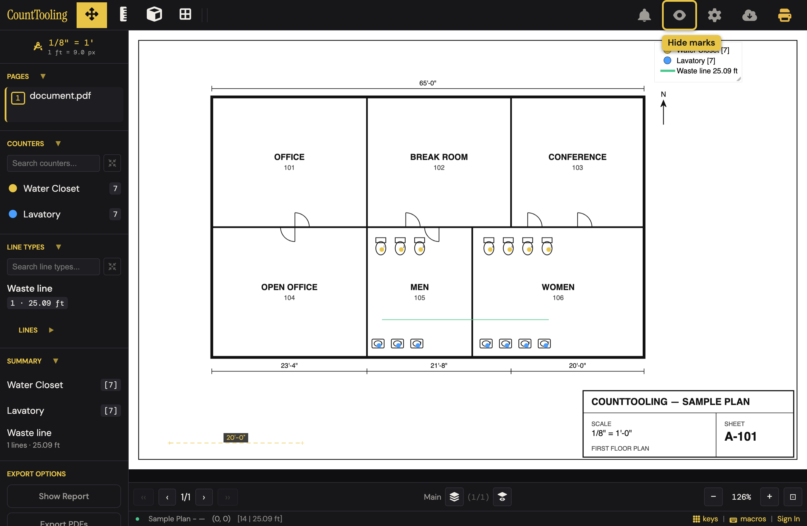 A view-link session: the live takeoff with its tallies and legend. The eye button hides the marks to read the bare drawing.