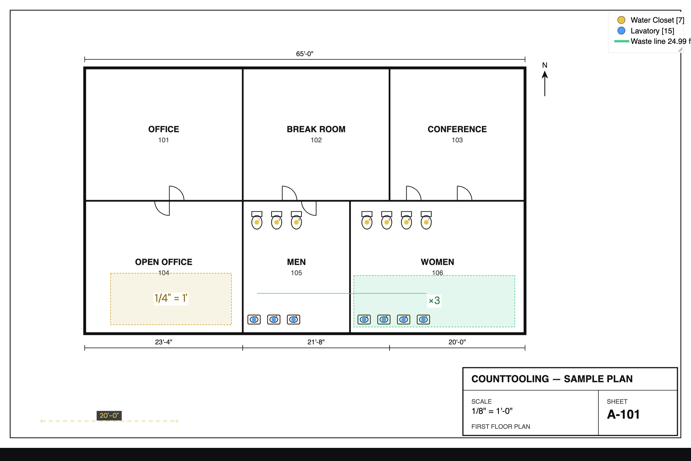 A scale zone (yellow, carrying its own 1/4" = 1' scale) and a ×3 multiply zone (green) on the plan — the legend's Lavatory count already reflects the multiplication.