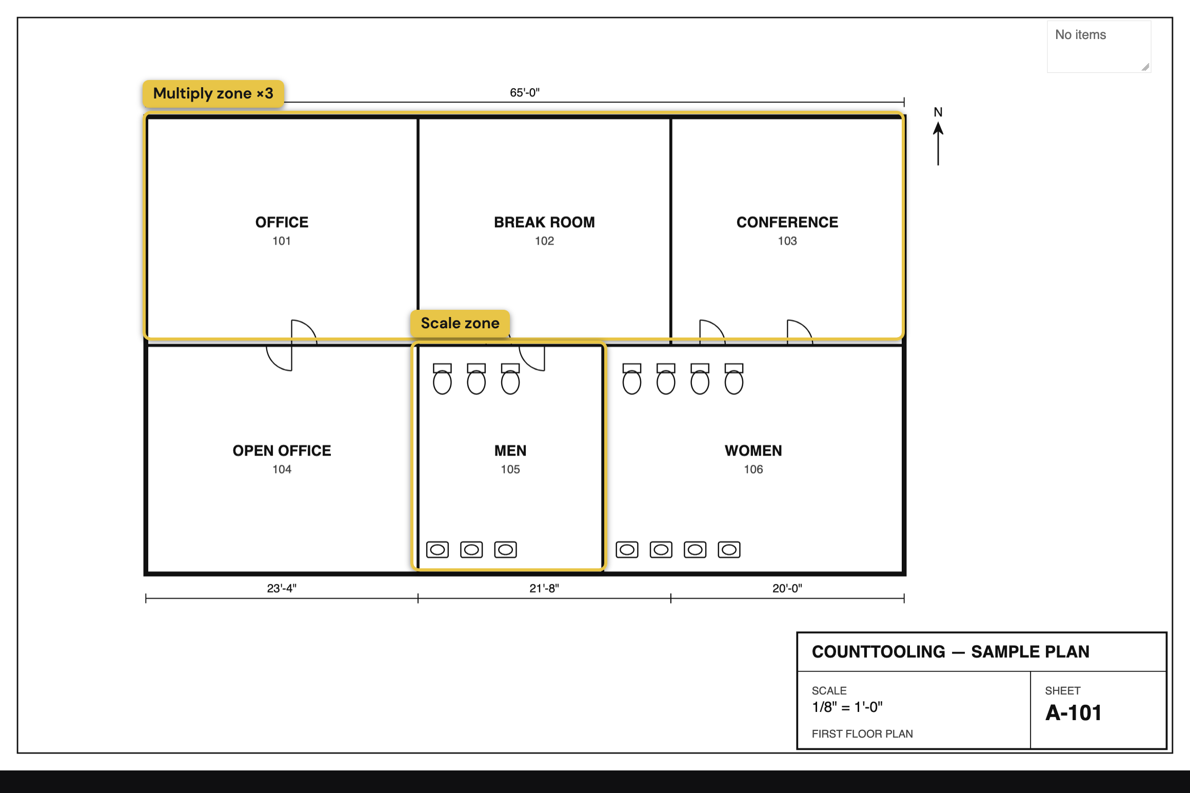 A plan with two regions marked: a multiply zone around a set of typical rooms, and a scale zone around a detail that's drawn at a different scale.