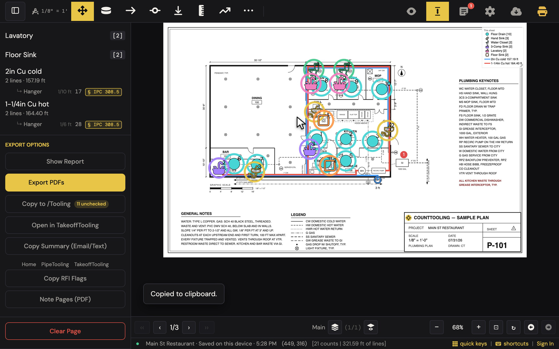 CountTooling in use: a plumbing takeoff on a restaurant plan, the fixtures counted and the cold and hot water traced over the sheet's own lines, with the tallies and hanger rows in the sidebar.